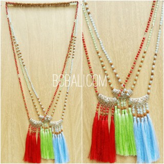 crystal beads glass mix  mala necklace tassels pendant triple handmade